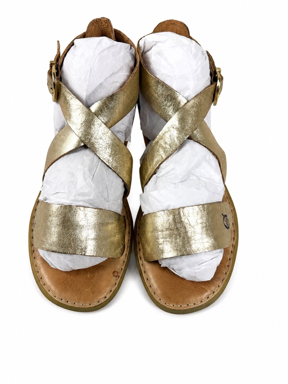 Born | F25510 | Metallic Gold Leather Crisscross Sandals | Ankle Strap | Size 7